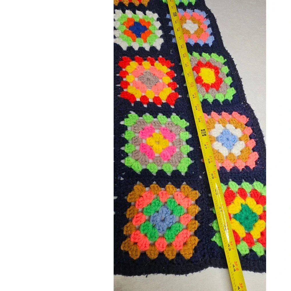 Crochet Granny Square Blanket 48x46 Navy Neon Boho Handmade Throw